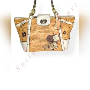 Coach Straw Tote Floral Appliqué Natalie Hampton 16763 Ivory Grey Stud Leather